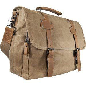 Canvas Messenger Bag for Men, Laptop Case, Satchel, Genuine Leather